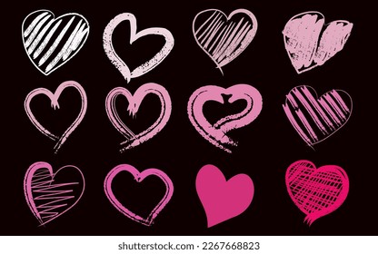 Set of hand drawn heart. Handdrawn rough marker hearts isolated on white background. Vector illustration for your graphic design.