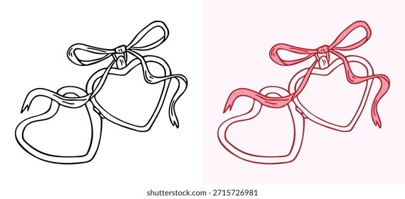 Un conjunto de medallones de corazón dibujados a mano decorados con lazos de cinta. Elegantes Elementos románticos estilo doodle en contorno negro y color rosa,