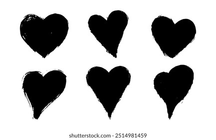 Un conjunto de trazos de pincel de tinta texturizada en forma de corazón dibujado a mano, amor corazón en decoración de pincel