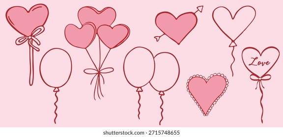 Un conjunto de globos dibujados a mano en forma de corazón, piruletas y Elementos de amor decorativos. Gráficos de Vector de estilo doodle caprichoso en contornos rosas y rojos para proyectos de diseño romántico.