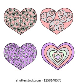 Set of hand drawn heart shapes. Vector illustration for Valentine’s day cards. 