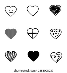 Conjunto de formas de corazón dibujadas a mano, estilos diferentes, aislado en el fondo blanco Vector EPS