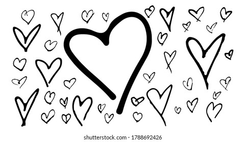 Set of hand drawn heart. Simple cute love and romantic icons. Abstract doodle heart shapes trendy minimal sketch.Vector illustration for your graphic design.