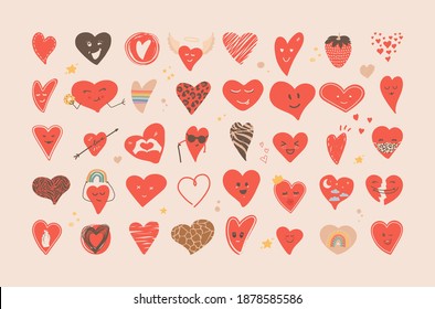 Set of hand drawn heart stickers. Various hearts, stars, elements. Great for printing, staples, icons, designs. Concept for love, wedding, valentine's day, february 14. Vector flat illustration.