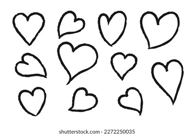 Set of hand drawn heart, strokes of paint, ink, grunge. Doodle hearts collection isolated on white background. Vector illustration