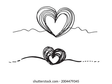 set of hand drawn heart with thin line, divider shape, Tangled grungy round scribble Isolated on white background.Vector illustration 
