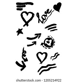 Set of hand drawn hearts and arrows.