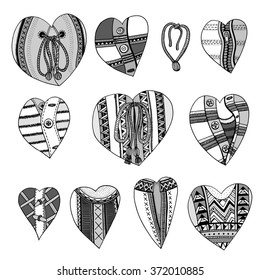 Set of hand drawn hearts. Background for Valentines day. Sketch for coloring book. Vector, doodle design elements.  Black and white. 