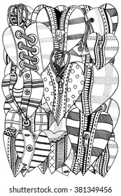Set of hand drawn hearts. Background for Valentines day. Sketch for coloring book. Vector, doodle design elements.  Black and white. 