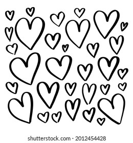 Set of hand drawn hearts. Black ink paintbrush various heart shapes vector illustration isolated on white background. Romantic design elements for Valentines day. Black and white clip art.