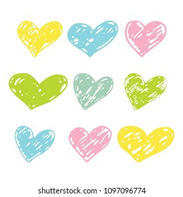 A set of hand drawn hearts brush strokes. Colorful Ink design for t-shirt, dress, cloths. Sketchy Valentine's Day background. Vector illustration EPS 10 file.