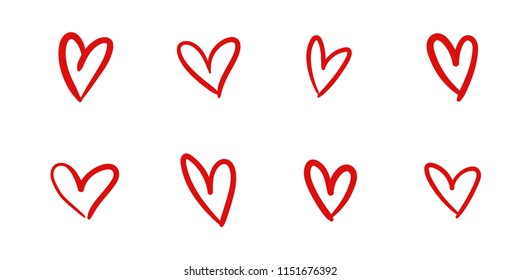 Set of hand drawn hearts. Collection of handmade heart shapes. Symbol of love. Valentine's Day card. Vector illustration