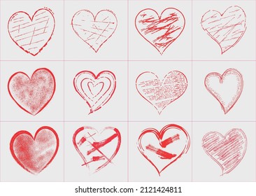 Set of hand drawn hearts, Collection of red hearts. Vector illustration