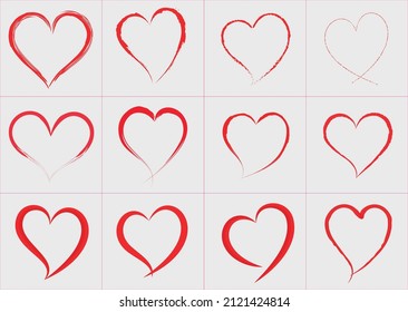 Set of hand drawn hearts, Collection of red hearts. Vector illustration