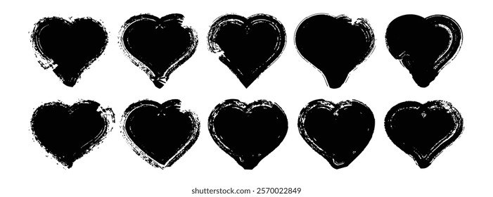 Set of Hand Drawn Hearts, Collection of black heart vector icon. Ten hand drawn hearts with different design.