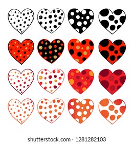 Set of hand drawn hearts. Colorful valentine vector sketch doodle. Graphic design elements. Dots and circles geometric design. Isolated on white