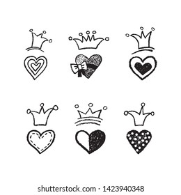 Set of hand drawn hearts and crowns. Heart, crowns icons are isolated on white background. Vector illustration for your graphic design. Love, Valentine's, Wedding, Birthday theme. EPS10