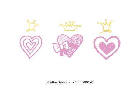 Set of hand drawn hearts and crowns. Heart, crowns icons are isolated on white background. Vector illustration for your graphic design. Love, Valentine's, Wedding, Birthday theme. EPS10