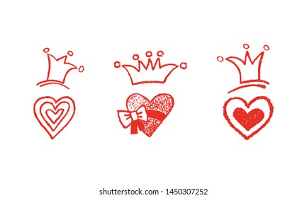 Set of hand drawn hearts and crowns. Heart, crowns icons are isolated on white background. Vector illustration for your graphic design. Love, Valentine's, Wedding, Birthday theme. EPS10