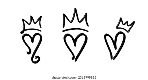 set of hand drawn hearts and crowns. vector doodles. 