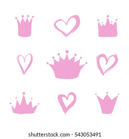 A set of hand drawn hearts and crowns for young prince or princess.
Hand drawn vector illustration doodle style. 