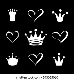 A set of hand drawn hearts and crowns for young prince or princess.
Hand drawn vector illustration doodle style. 