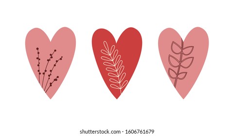 Set of hand drawn hearts with decor from botanical elements. Design for wedding, Valentine's Day. Isolated on a white background vector illustration.