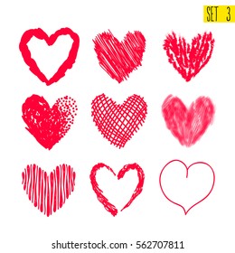 Set of hand drawn hearts. Design elements for Valentine's day. Isolated on white background. Freehand drawing.