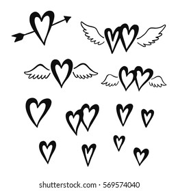 Set of hand drawn hearts. Design elements to Valentines day, wedding postcards, greeting cards, invitation,  romantic style.