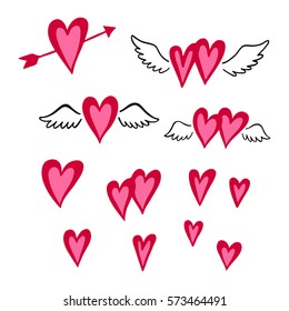 Set of hand drawn hearts. Design elements to Valentines day, wedding postcards, greeting cards, invitation,  romantic style.