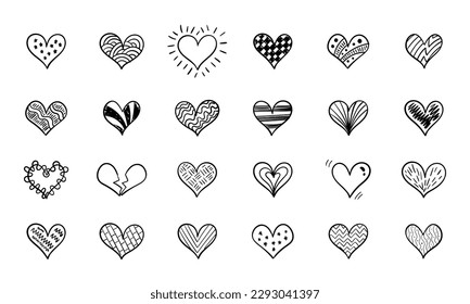 Conjunto de corazones dibujados a mano en diferentes estilos y formas.