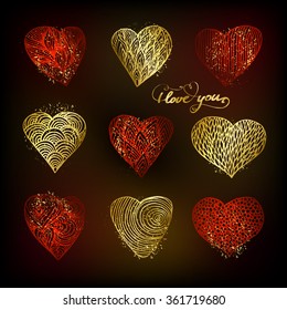 Set of hand drawn hearts with different pattern on black background.