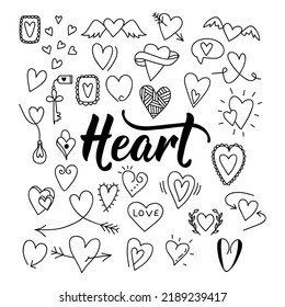 Set of hand drawn hearts. Doodle vector illustration. Isolated on a white background.