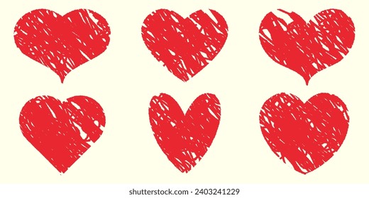 Un conjunto de corazones dibujados a mano con un efecto doodle con una textura de lápiz. Ilustración vectorial de pegatinas para collages retro.