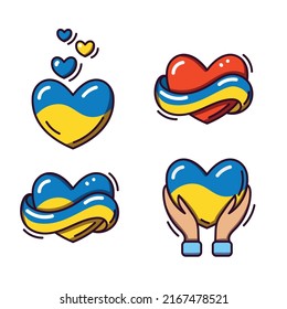 Set of hand drawn hearts with the flag of Ukraine isolated on white background. Save Ukraine from Russia