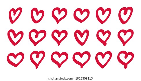 Set of hand drawn hearts. Flat design elements for use in as logos or icons. Red hearts collection.