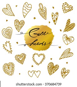 Set of hand drawn hearts with gold glitter texture on white background