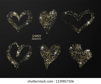 Set of hand drawn hearts with golden glitter. Vector design element for invitations, brochures, banners and other.