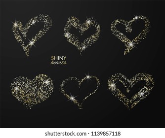 Set of hand drawn hearts with golden glitter. Vector design element for invitations, brochures, banners and other.