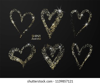 Set of hand drawn hearts with golden glitter. Vector design element for invitations, brochures, banners and other.