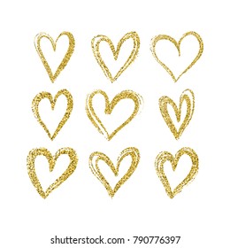 Set of hand drawn hearts with golden glitter. Vector design element for Valentine's day holiday, Engagement cards.