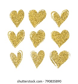 Set of hand drawn hearts with golden glitter. Vector design element for Valentine's day holiday, Engagement cards.