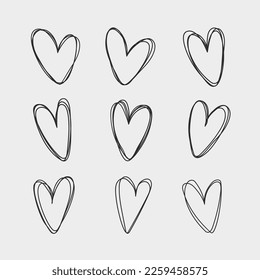 Set of hand drawn hearts. Handdrawn rough marker hearts isolated on white background. Vector illustration for your graphic design