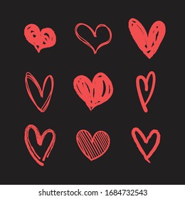 Set of hand drawn hearts. Heart doodles illustration collection. Symbol of love, health and care.