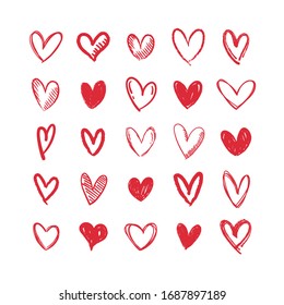 Set of hand drawn hearts. Heart doodles illustration collection. Symbol of love, health and care.