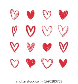 Set of hand drawn hearts. Heart doodles illustration collection. Symbol of love, health and care.