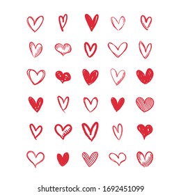 Set of hand drawn hearts. Heart doodles illustration collection. Symbol of love, health and care.