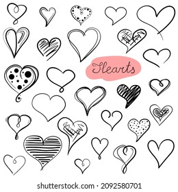 Set of hand drawn hearts isolated on white background. Collection of hearts in doodle style. Vector illustration for your graphic design.