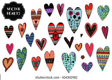 Set of hand drawn hearts. Isolated. For Valentine's day or Save the date card. Element for design. Vector