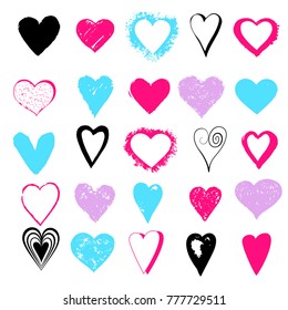 Set hand drawn hearts isolated on white background. Colorful vector Illustration